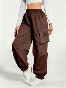 1pc Tween Girls Outdoor Street Casual Solid Color Cargo Pants - Brown - View 4
