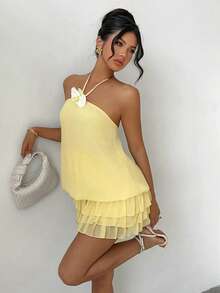 女士黄色低腰超短性感3D立体花卉吊带露背荷叶边迷你连衣裙，优雅时尚，适合日常通勤、派对、嘉年华、情人节、新年、海滩度假等夏季场合。 - 淡黃色 - 查看 4