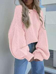 女士纯色针织圆领长袖毛衣，百搭休闲风格，适合返校、通勤、日常穿着，柔软舒适，米色调，温柔妩媚，易于搭配，简约毛衣设计，粉色 - 粉色 - 查看 7