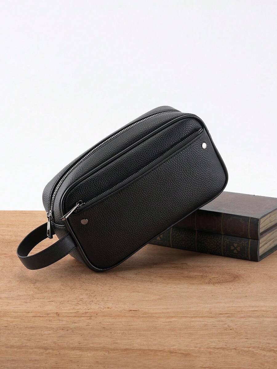 HOVI'S 男士大容量手拿包，PU皮革多口袋收纳包，双拉链设计，带腕带，可装平板电脑、手机及其他必需品（23x13.5x7厘米），情人节特惠 - 黑色 - 查看 1