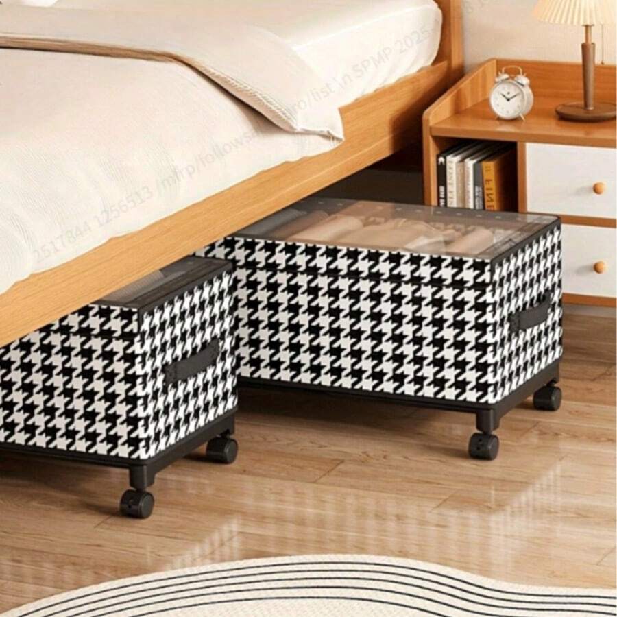 Multifunctional Bed Underbed Storage Box, With Wheels, Rectangular Canvas Flip-Top Design, European Style Bedside Clothes Storage Bin (Not Waterproof)