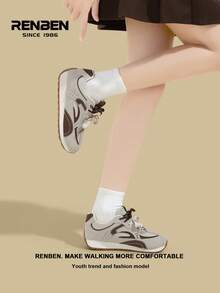 RENBEN Women's Thick Sole Increase Height Casual Sneakers, Leather Upper, Ins Style, Autumn/Winter - Khaki - View 7