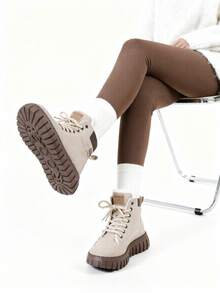 2025 New Style Multi-Purpose Warm High-Top Short Boots, Winter New Shoes, Soft Thick Sole, Casual And Comfortable, Snow Boots, Equipped With Wool Lining, Thick Platform Sole And Lacing Details - Suitable For Winter Fashion Outfits For Daily Outings, And Also A Great Choice As A Christmas Gift. - 卡其色 - 查看 3