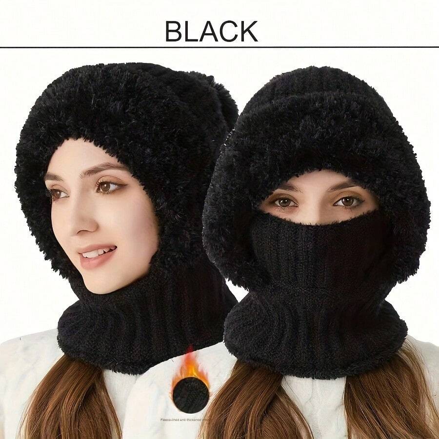 1pc Black Color Women's Winter Knitted Balaclava, Warm Full Face Coverage Beanie With Ear Flaps And Neck Gaiter, Stylish Ski Mask For Cold Weather Outdoor Activities. A Winter Essential For Women, This 2-In-1 Knit Hat With Fleece Lining Can Be Worn In Two Ways. It Keeps You Warm And Blocks The Wind With A Hood, Neck, And Leg Coverage, Making It Perfect For Outdoor Cycling. The Best Gift Choice To Keep Your Girlfriend Warm All Winter. - 黑色 - 查看 1