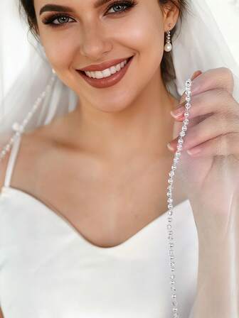 1 Pc Heavily Handcrafted Beaded Bridal Veil, High-Quality 1-Meter-Long Single-Layer Short Veil, Perfect For Wedding Parties And Proposals, Soft Wire Comb.