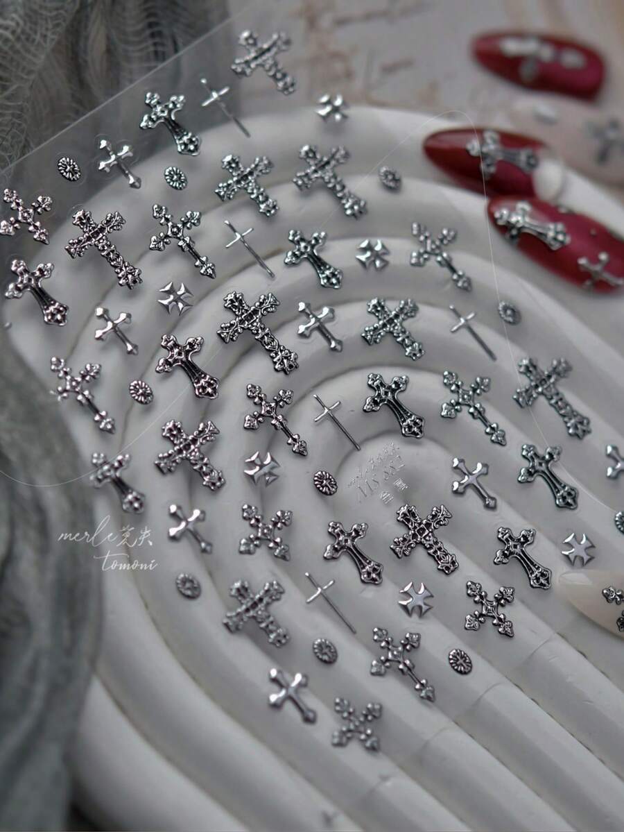 1片装深色复古金属美甲贴纸，银色高端十字架设计美甲装饰贴纸，自粘美甲贴花，DIY美甲用品 - 彩色 - 查看 1