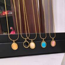 1pc Minimalist Faux Cat's Eye Stone Oval Pendant 18K Gold Plated Stainless Steel Necklace, Suitable For Women's Daily Wear - Oval Necklace - View 7