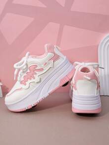 Kids' Roller Skate Shoes With 4 Wheels, Detachable Wheeled Sneakers, Lace-Up Heelys Roller Shoes, Fashion Casual Shoes For Boys And Girls - Pink - View 7