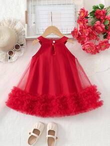 Vestido casual de niña con cuello redondo, sin mangas, de unicolor, con volantes de malla en el bajo - Burdeos - Ver 3
