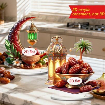 1/3件套 2D 波西米亚新月灯笼亚克力桌面摆件，配枣树图案，伊斯兰风格，适用于办公室、餐厅、咖啡馆等场所，可作为桌面装饰摆件，是馈赠亲朋好友的节日礼物。