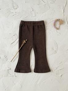 Baby Girls' Casual Solid Color & Striped Flare Pants, Spring/Autumn - Coffee Brown - View 7