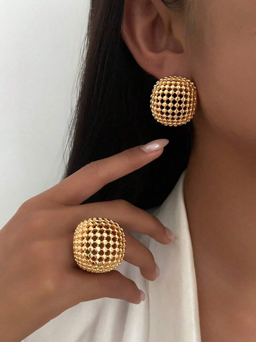 3件套女士金属镂空几何半球和圆形设计耳环和戒指套装，简约时尚独特金戒指，优雅珠宝套装，适合派对和正式场合 - 耳飾+戒指套裝 - 查看 1