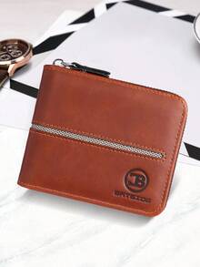 Billetera vintage para hombres, diseño con cremallera, estilo de negocios con grabado de letras, portafolios de tarjetas de crédito, billetera plegable portátil, versátil para el uso diario, gran opción de regalo