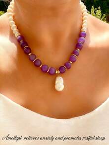 Vòng cổ hạt thạch anh tím và ngọc trai giả thanh lịch, quà tặng trang sức thủ công cho phụ nữ vào ngày sinh nhật - Màu tím - Xem 6