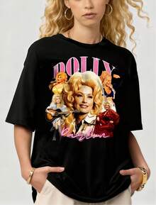 T-shirt d'été unisexe à manches courtes avec motif graphique en coton de style rétro Dolly Parton - Noir - Voir 1