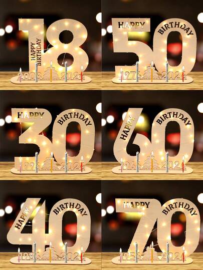 一套2026限量版生日木质数字牌，木质装饰生日数字造型，带LED灯串，适用于18、30、40、50、60、70岁，2026限量版生日装饰，生日快乐LED灯串