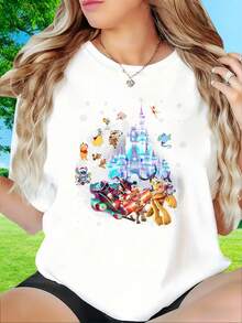 Disney Christmas Castle Mickey Mouse And Friends Holiday T Shirt Women Casual Cartoon Print Loose Fit White TopDisney Fun Prints, Suitable For Christmas Parties, Holiday Gatherings, Outdoor Activities, Sports, Holiday Gifts, Women's T-Shirts, 220g - White - View 1