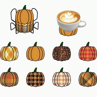 8 Parçalı Balkabağı Elmas Boyama Bardak Altlığı Seti, Standlı, Yuvarlak Elmas Boyama Sanatı, Yeni Başlayanlar İçin, Yiyecek Temalı Ahşap Bardak Altlıkları