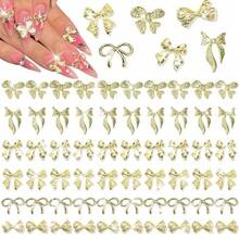 60pcs Metal Bow Nail Decorations, Alloy Nail Bow Decor 3D Golden Bow Nail Art Accessories, Luxury Shiny Bow Rhinestone Nail Jewelry Manicure Supplies Nails - Gold - View 7