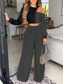 休闲修身印花长袖圆领T恤衬衫搭配梭织直筒裤女士夏季两件套