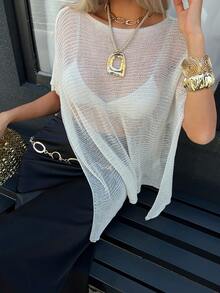 女士性感蝙蝠袖针织露脐上衣，沙滩风，适合圣诞节和新年穿着 - 杏色 - 查看 2