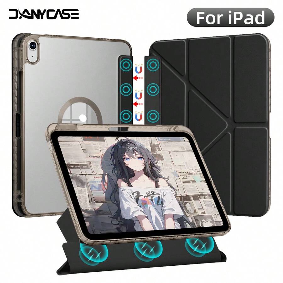 可拆卸Y型折叠平板电脑保护套,兼容iPad 11代 A16 2025、10代、Air 4/5 10.9、Air 11 M2 M3、7代/8代/9代 10.2、5代/6代 9.7、Mini 6/7,支持自动唤醒、多角度多折叠支架、内置笔槽和可拆卸保护盖。 - 黑色 - 查看 1