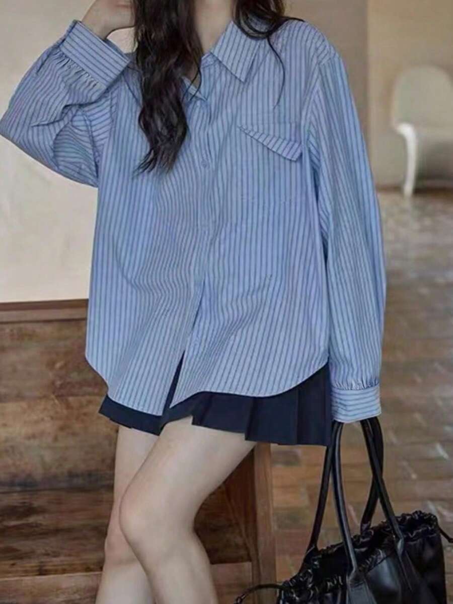 Randig skjorta med knappar framtill, höst, avslappnad