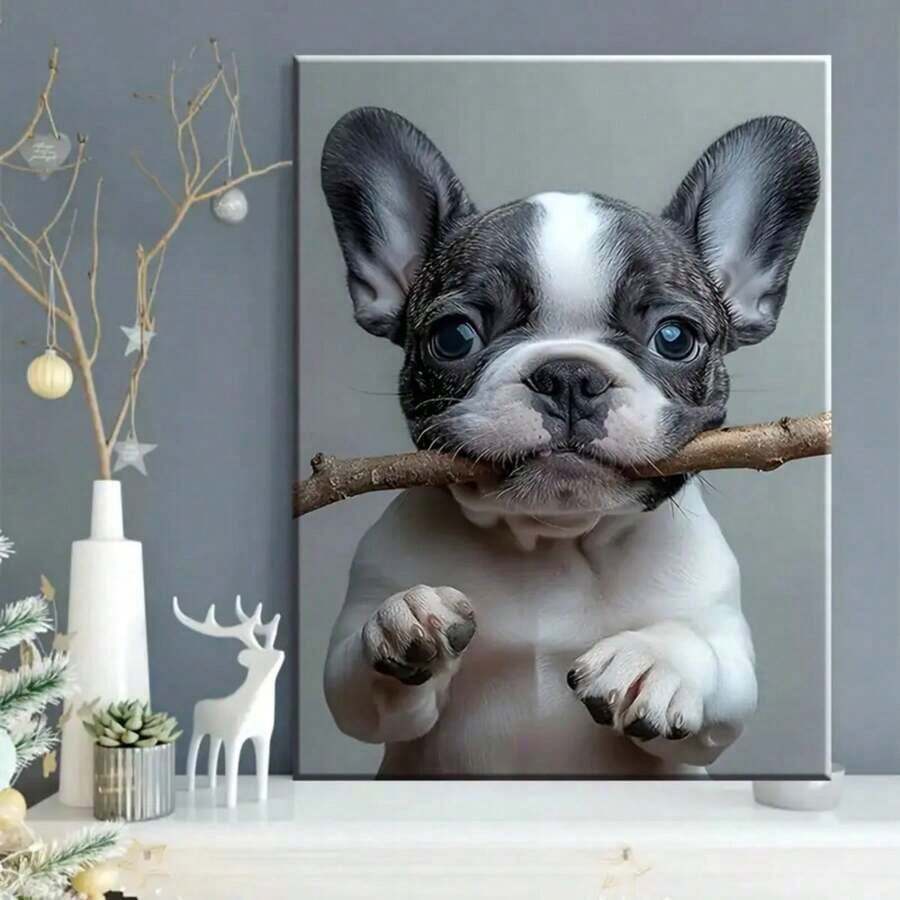 1 Pieza de Arte de Pared de Lienzo con Marco de Madera Sólida - Diseño de Bulldog Divertido Mordiendo una Rama, Decoración Impermeable Lista para Colgar en Interiores/Exteriores, Adecuada para Sala de Estar, Dormitorio, Oficina, Cafetería y Fiestas de Vacaciones, Arte de Pared Exterior |   Decoración artística |   Marco de Lienzo Envolvente, Decoración de Pared - Multicolor - Ver 1