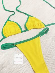 Biquini  Casual    Tecido    Nó  Costas nuas / sem costas  Tie Back    biquini  Férias  Praia  Feriado  viagem - Amarelo - Visão 4