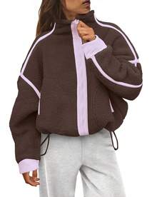 Women's Casual Polyester Stand Collar Long Sleeve Zipper Coat With Drop Shoulder Design Regular Length - Brown - View 7