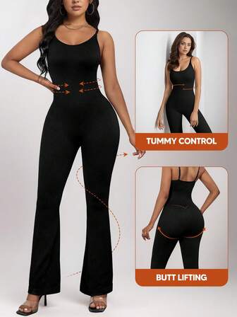 Women's Spaghetti Strap Bodycon Flare Leg Jumpsuit