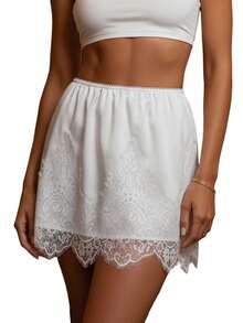 Women Satin Mini Skirts Casual Elegant Solid Color Lace Hem Skirt For Beach Vacation Club Streetwear - 白色 - 查看 6