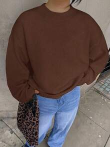 SEREN 新款秋冬棕色圆领长袖女式毛衣，宽松简约罗纹针织上衣，适合日常穿着 - 棕色 - 查看 3