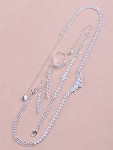 CORUIXI 1 套立方氧化锆首饰套装，包括耳环、项链、手链、戒指、4 件银宝石配饰，适合女士，适合派对、宴会、生日礼物 - 銀色 - 查看 6