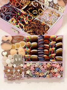 826件套米色蓬松女孩发饰套装，包括兔毛发夹、花朵绒球发圈、纯色蝴蝶结、Y2K星形BB夹、高弹蕾丝发圈、毛巾环和TPU弹力带，适合日常佩戴和派对场合。 - 彩色 - 查看 8