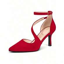 Sexy Crystal Ankle Strap Pointed Toe Stiletto Pumps – Elegant Wedding & Party Shoes For Women, New Arrival Heels - 紅色絨面革 - 查看 2