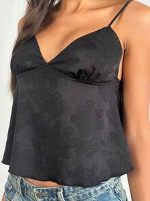 Women Y2k Spaghetti Strap Solid Color Cami Tank Top Floral V Neck Camisole Summer Aesthetic Backless Flowy Crop Vest Top Fairy Girl Casual Beach Streetwear - 黑色 - 查看 5