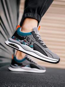 Zapatillas de deporte de moda con bloques de color para hombre, zapatillas de tenis casuales y elegantes para hombre, zapatillas de fitness para hombre, suaves y cómodas, con alta amortiguación, diseño de suela elástica antideslizante, adecuadas para caminar, transpirables y elegantes, versátiles para caminar, deportes al aire libre, correr, ejercicio, fitness, fiestas y uso diario. - Gris - Ver 3