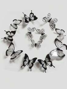 A Set Of 12 Black Transparent 3D Butterflies,Black Butterfly Wall Sticker Decal 3D Metallic Art Butterfly Mural Decoration DIY Flying Stickers For Kids Bedroom Home Party Cake Nursery Classroom Offices Decor (Black) - Black - View 3