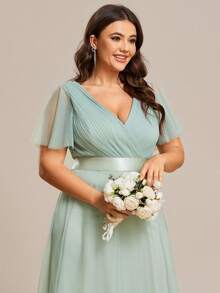 Plus Size Green Ruched Waist High Waist Mesh Bridesmaid Dress, Suitable For Spring/Summer Wedding, Party, Birthday - Mint Green - View 7