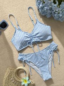 女士夏季沙滩可爱打结露背抽绳度假沙滩比基尼套装