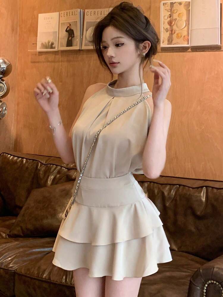 无袖吊带短款背心和荷叶边下摆迷你裙优雅 2 件套夏季 - 杏色兩件套 - 查看 7
