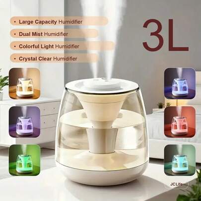 3L Dual Mist Humidifier, Quiet Operation, Digital Display & Colorful Ambient Light - USB Powered, 3L Capacity, 2.6-4L Water Tank, 36V Voltage, Coverage Area 21-30 Sq.M, Suitable For Bedroom & Home Use, Bedroom Humidifier, Modern Aesthetic Design, Touch Control