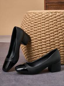 Black Patent Two-Tone Square Toe Block Heel Pumps – 5cm - Black - View 5