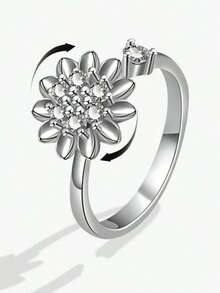 1pc Anti-Anxiety Rotatable Minimalist Flower Ring For Women, Anti-Stress Wedding Band - Silver - View 6