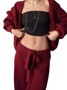 Women's Premium Mousse Knit Set: Cardigan Jacket And Wide-Leg Pants With Tie Detail, Musse Yarn Knit, Blogger Style, Belize - 紅色 - 查看 2