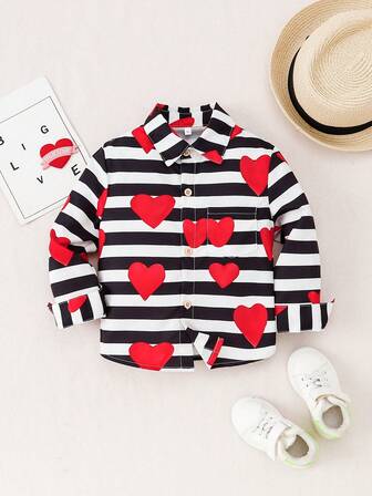 Camisa de niño con bloques de color, rayas y estampado de corazón, adecuada para vacaciones y fiestas, primavera/otoño