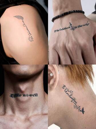 1 pieza Tatuaje temporal falso Tatuajes semipermanentes Tatuaje de letra Y2K en inglés simple Impermeable y a prueba de sudor Dura de 1 a 2 semanas Realista Jugo de hierbas Anti-fricción No reflectante Negro para mujer y hombre Pegatinas de tatuaje para brazo, pecho, pierna, abdomen, cintura, dedo, cuello, espalda, arte corporal modernista
