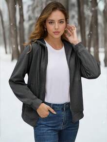 Speed mate 女士拉链连帽衫，保暖内衬卫衣，带帽冬季外套，加厚保暖大衣，休闲防寒款式 - 深灰色 - 查看 3