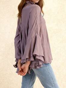 Women's Loose Fit Poncho Tops Solid Color Batwing Long Sleeve Round Neck Ruffled Blouse Tunic Shirt Tops For Casual Daily Wear - 紫色 - 查看 7